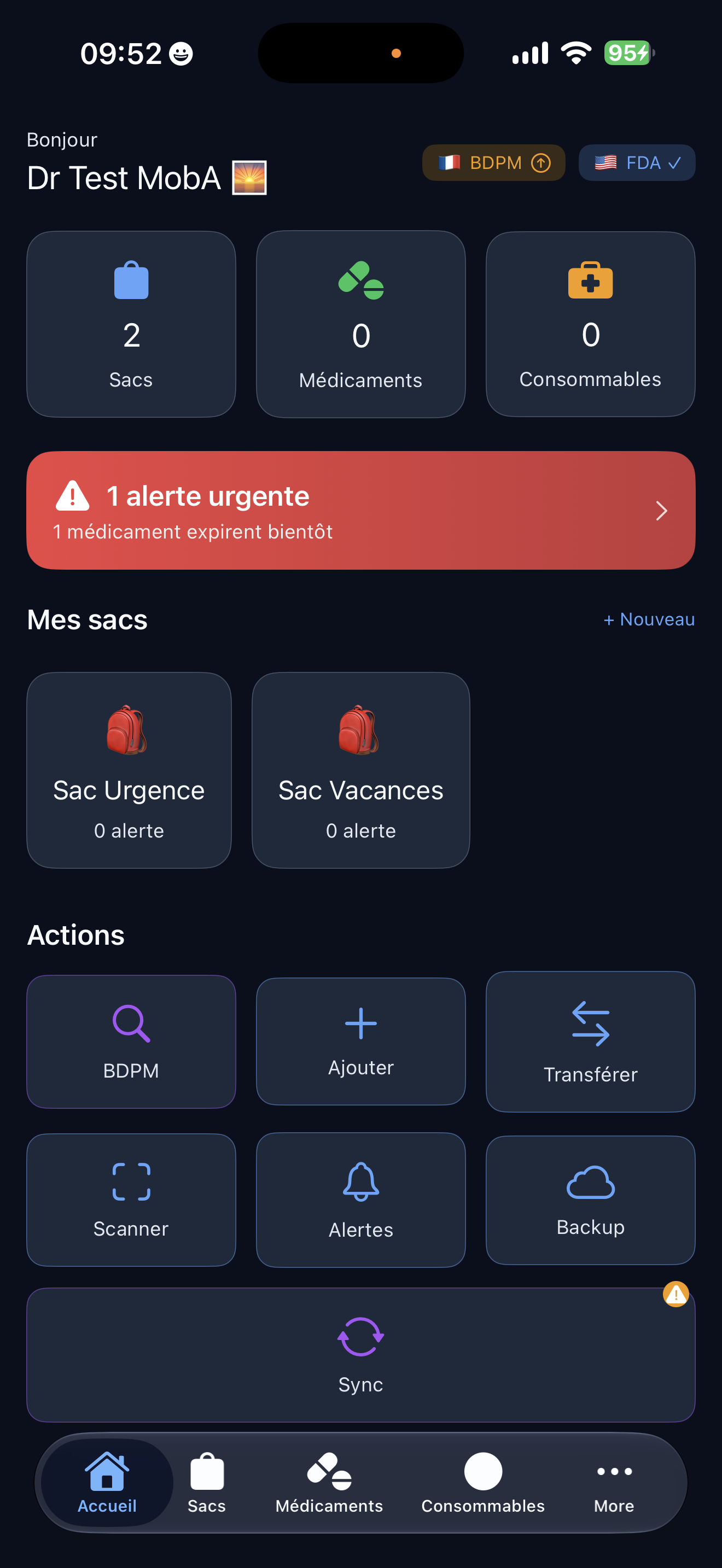Écran d’accueil MedBAG affichant les sacs et les alertes