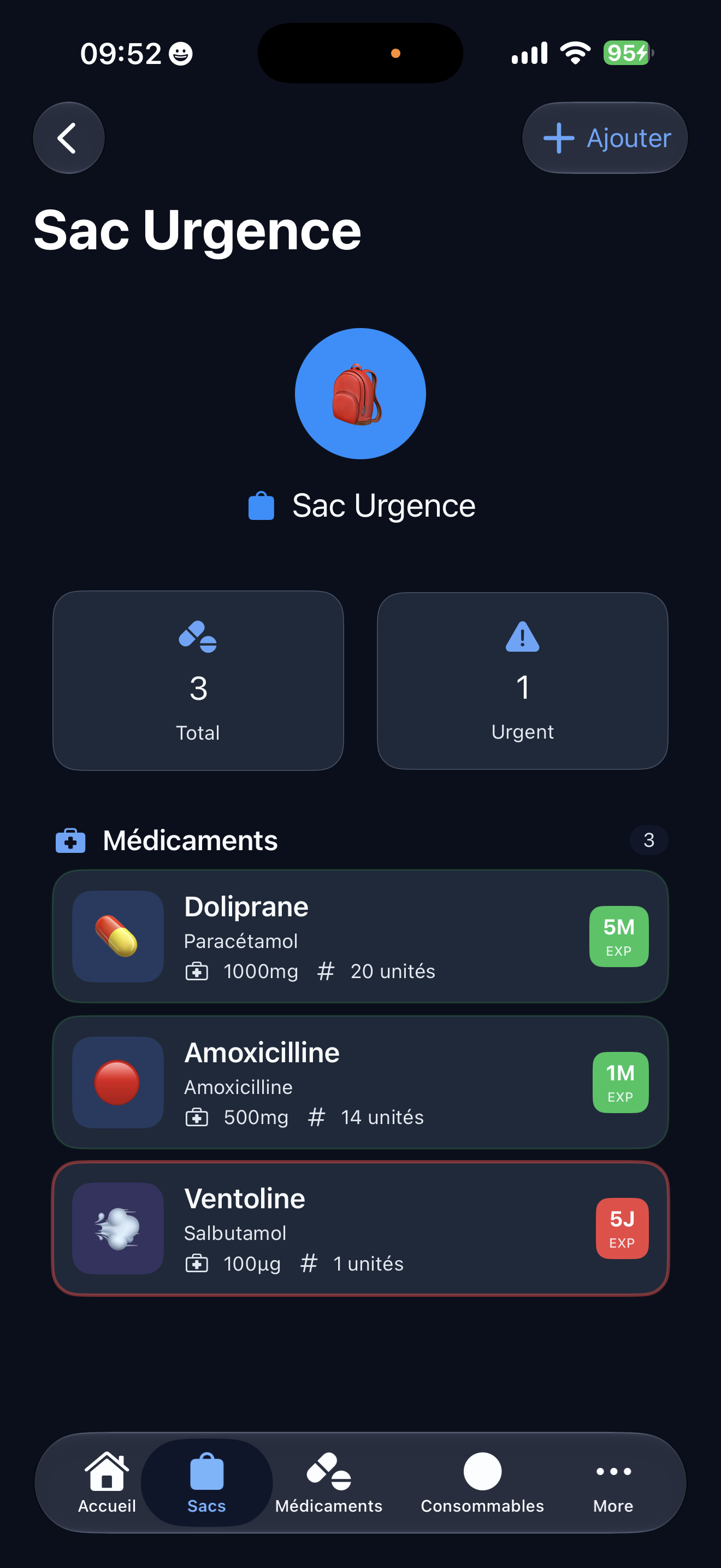 Liste des sacs de médicaments